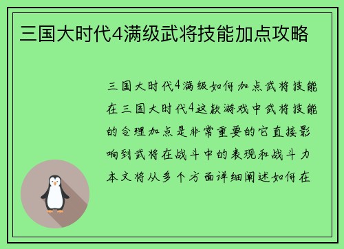 三国大时代4满级武将技能加点攻略