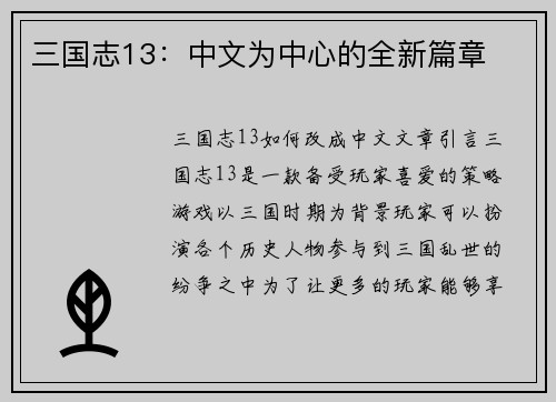 三国志13：中文为中心的全新篇章