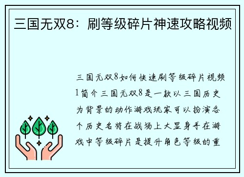 三国无双8：刷等级碎片神速攻略视频